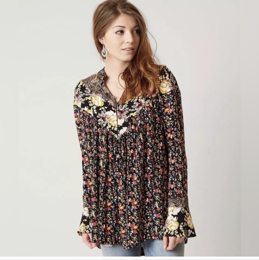 Free People Lpng Sleve Multicolor Floral Blouse Size S.